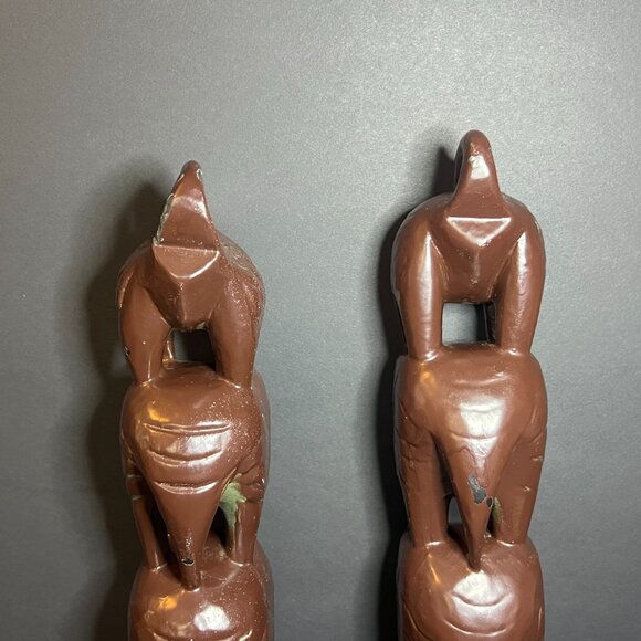 Vintage Set of 2 Hand Carved & Hand Painted Brown Wooden Elephant Totem Towers - Picture 2 of 12